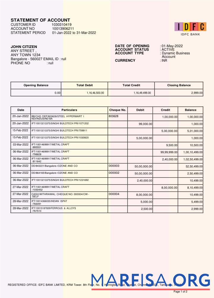 Blank INDIA IDFC First bank statement word version 2 template
